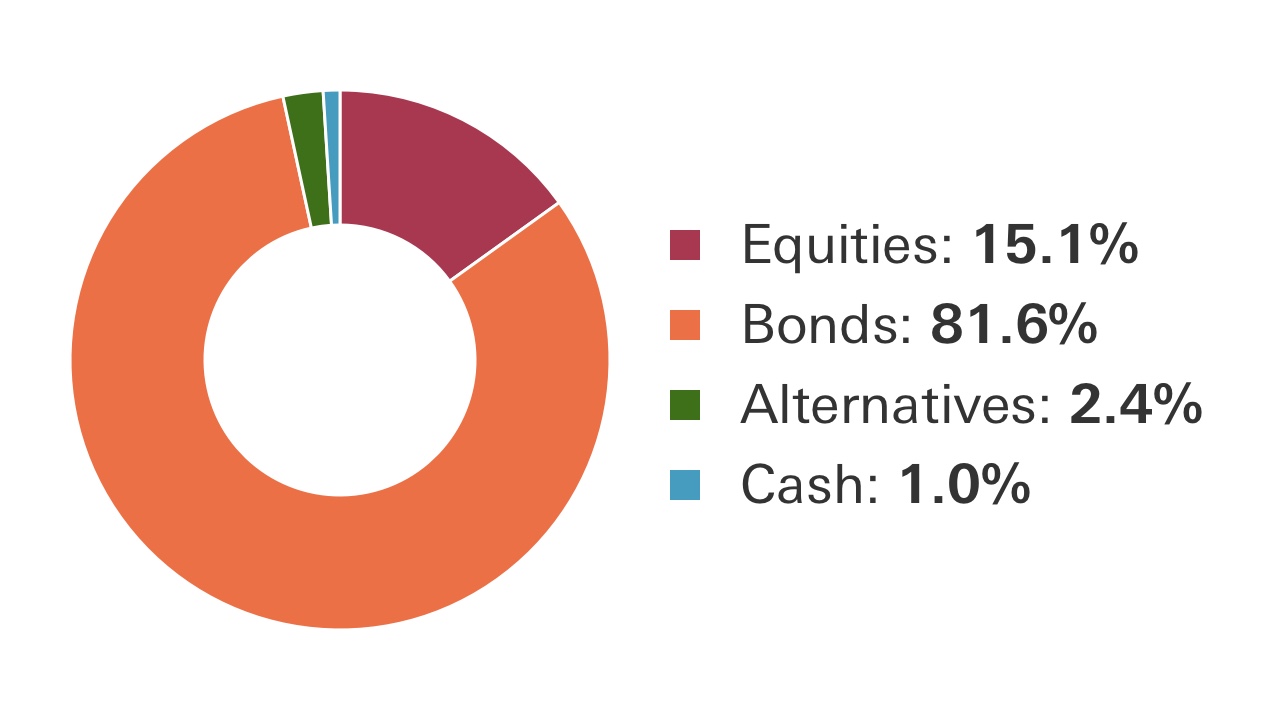 World selection 1 chart: Equities 15.1%, Bonds 81.6%, Alternatives 2.4%, Cash 1.0%